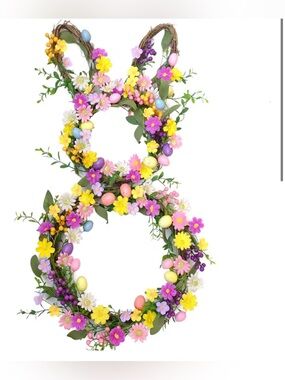 Spring Bunny Wreath with Pastel Flowers and Eggs